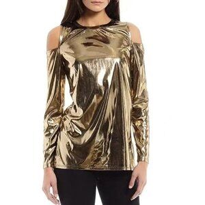 Michael Kors Gold Black Long Sleeve Cold Shoulder Shirt Long Sleeve Blouse Foil